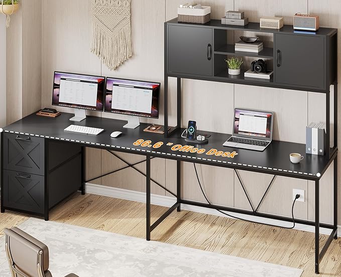 SEDETA Corner Computer Desk Reversible L Shaped Computer Desk with Fabric Drawers and Power Outlet Gaming Desk with Led Lights Hutch and Storage Shelf for Home Office Black