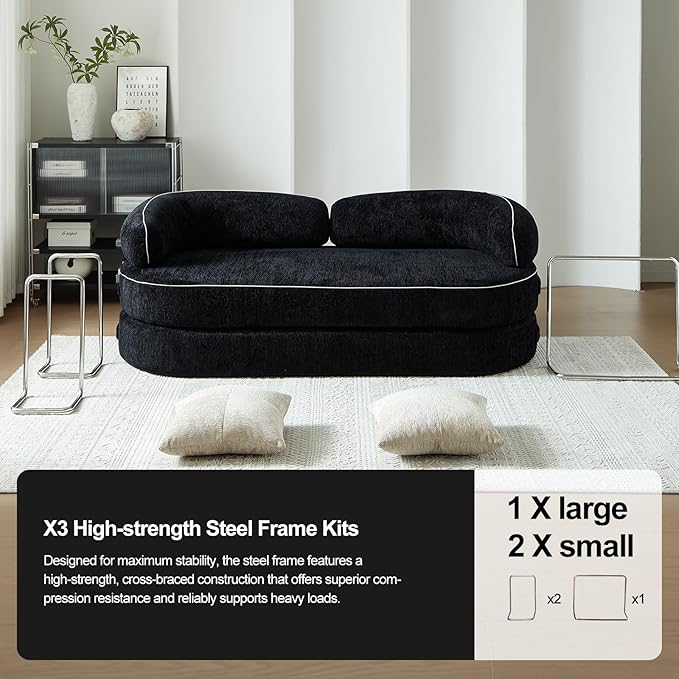 Convertible Sofa Bed with Fixed-Shape Frame 4-in-1 Combination Folding Pull Out Couch Futon Couch in a Box Modular Floor Sleeper Sofa Bed for Living Room Bedroom (2 Pillows Black) ﻿