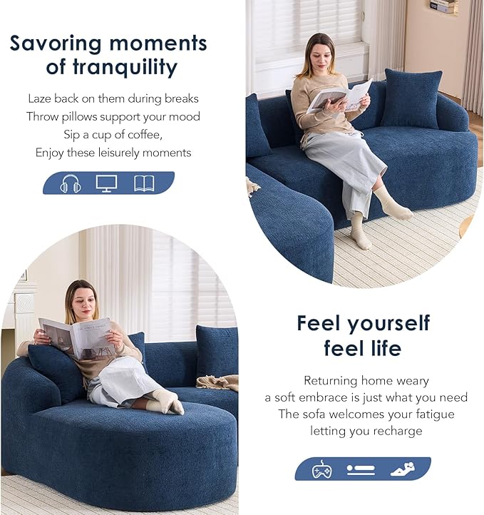Curved Sectional Sofa Couch Oversized L Shape Deep Seat Cloud Couch Modern Chenille 4-Seater Sofa with Chaise No Assembly Required Couches for Living Room Apartment Office Navy Blue