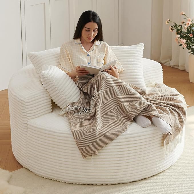 Oversized Round Chair Lounge Chaise Indoor Upholstered Corduroy Deep Seat Cloud Large Circle Sofa Chair No Assembly Required Fluffy Modern Sleeper Sofa Bed for Reading Living Room Bedroom White
