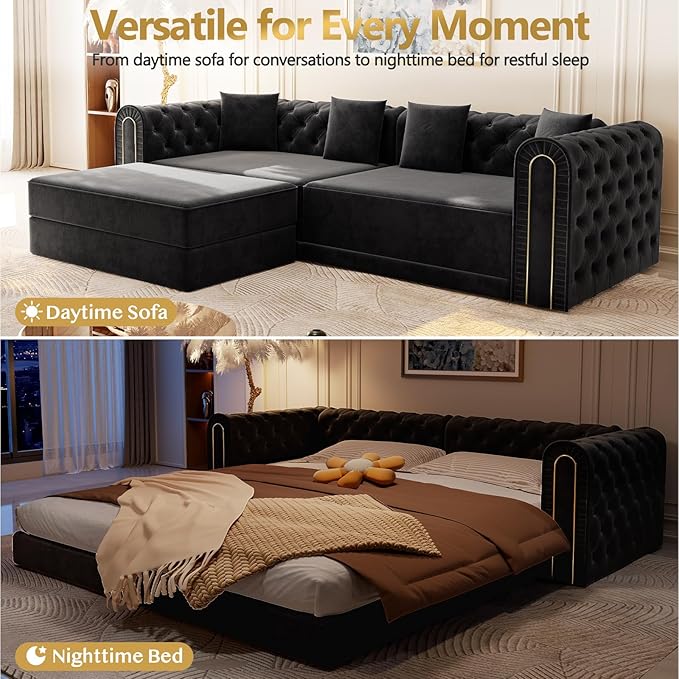 90.6'' Velvet Foldable Sofa Bed 3-in-1 Chesterfield L Shaped Sofa King Pull Out Floor Couch Gold Trim Armrests Extra Deep Couches with 4 Pillows for Living Room Apartment Gold Black