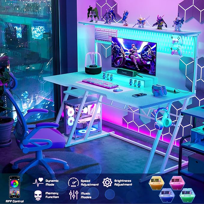 Armocity 53'' White Gaming Desk with Hutch and LED Lights Gaming Computer Desk with Storage Shelves &amp Z-Shaped Legs Reversible PC Game Desk with Pegboard for Bedroom Carbon Fiber Surface