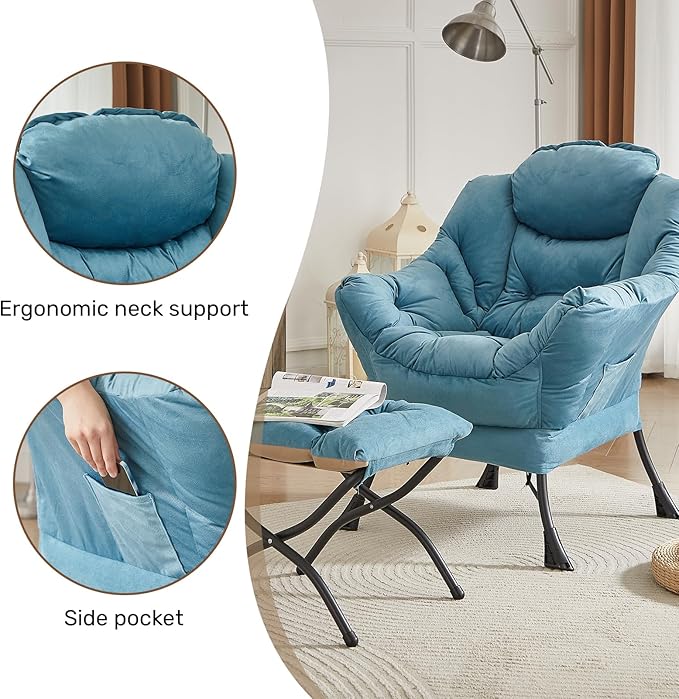 HollyHOME Lazy Chair with Foldable Ottoman Accent Comfy Lounge Armchair and Folding Footrest Stool Leisure Sofa Reading Chair and Footstool for Living Room Bedroom DormBlue