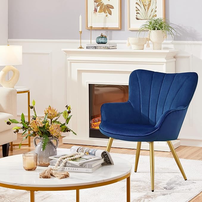 Topeakmart Velvet Accent Chair Modern and Mid Century Barrel Chair Makeup Chair with Soft Padded and High Back for Living Room Bedroom Dressing Room Home Office Blue