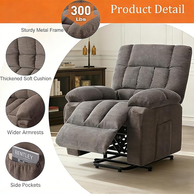 Power Lift Recliner Chair for Adult with Heated and Full Body Massage Glider Nursery Chair with Cup Holder and USB Charge Port Oversided Swivel Rocker Recliner for Living/Study/Bedroom Room Grey