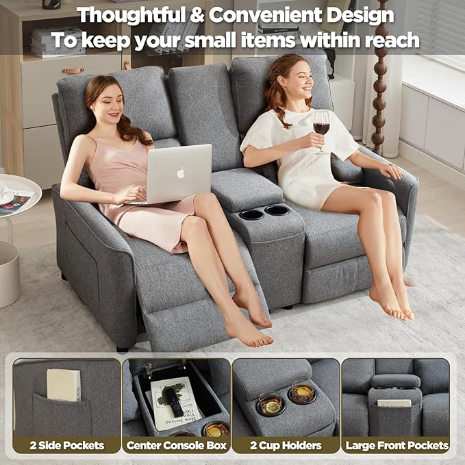 MANBUR Push-Back Reclining Loveseat with Console Loveseat Reclining Sofa Home Theater Seating RV Recliner Sofa Recliners Double Recliner Couch with Storage Pockets &amp Cup Holders Gray