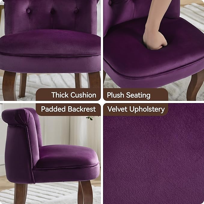 Velvet Vanity Chair with Solid Wood Legs Tufted Upholstered Vanity Stool with Back Mid Century Small Makeup Accent Chair for Bedroom Living Room Purple
