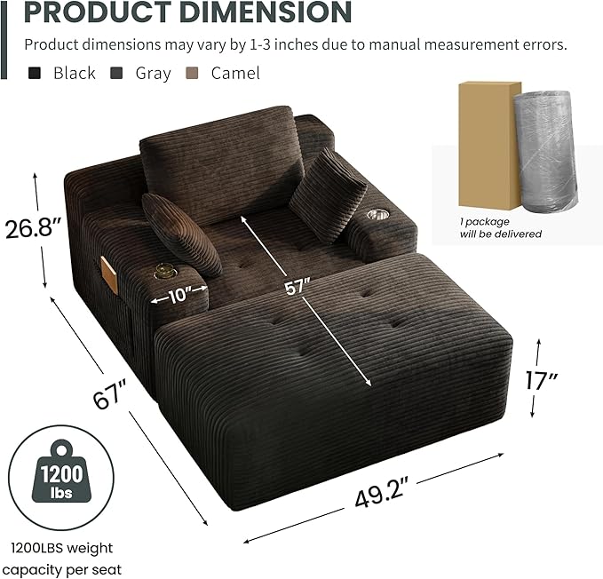 67 Oversized Chaise Lounge Sofa Indoor Sleeper Couch Chair with Cup Holders &amp Side Pocket | High-Density Memory Foam | Living Room Sofa Bed | Boneless Chaise | No Assembly (Black)