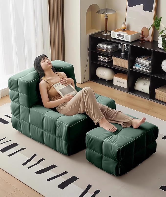 Bean Bag Chair - Memory Foam Bean Bag Chair for Adults Comfy High-Resilience Single Sofa Small Space Floor Chair Chaise Lounge for Living Room Bedroom (Dark Green Square+Ottoman)