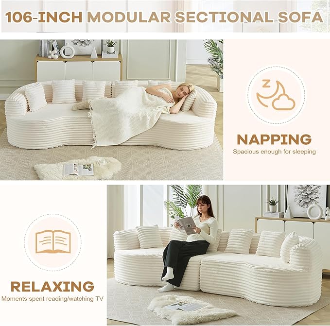 106” Oversized Curved Sectional Couch Corduroy Memory Foam Boneless Compression Sofa Couch with 6 Pillows Modern Floor Deep Seat Sofa for Living Room Office Apartment No Assembly Needed Beige