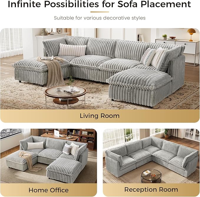 KKL Modular Sectional Couch for Living Room L Shaped Corduroy Couches with 1 Ottomans 4 Seater Oversized Sofa Soft Fabric Modern Sofa Grey