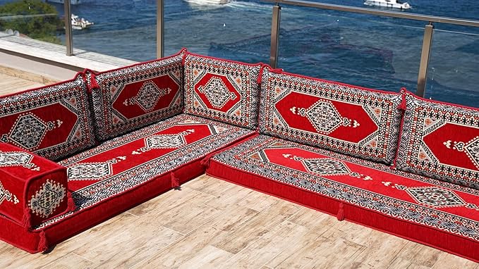 L Shaped Arabic Floor Cushions Sectional Sofas Arabic Majlis Set Custom Made Sofa Arabic Sofa Set Seating Cushions (4'' Thickness Sofa L Sofa Only Red)