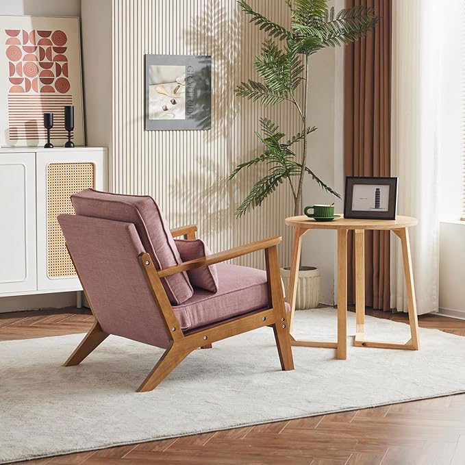 Karl home Accent Chair Wide Armrest Mid-Century Lounge Chair Linen Fabric Armchair with Lumbar Pillow &amp Solid Wood Frame for Living Room Bedroom Balcony Pink