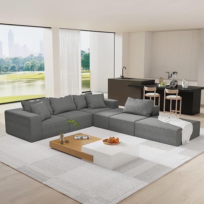 KEIKI Sectional Sofa Couch Set Modular 132 L Shaped Couch Set with 6 Pillows Free Combination Upholstered Sofa Couch for Living Room Bedroom Grey