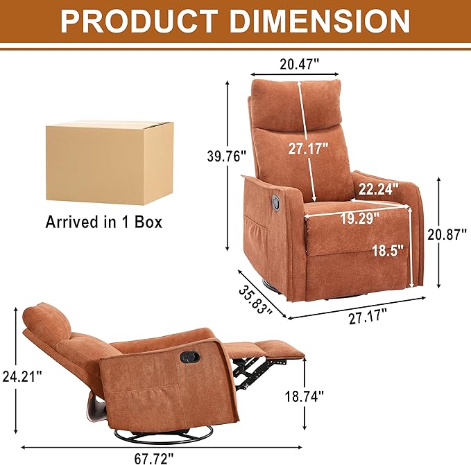 Manual 360° Swivel Rocker Recliner Chair for Adults Overstuffed Glider Chair for Nursery with Vibration Massage and Heat Comfy Soft Fabric Glider with Side Pockets for Living Room Orange