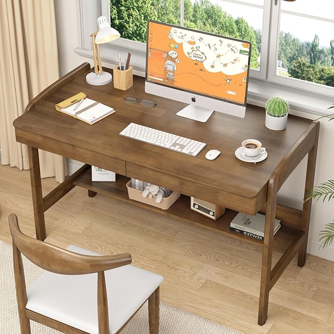 Solid Wooden Desk with Drawers &amp Shelf - 40 x 24 Inch Vintage Writing Desk with Drawers Mid Century Modern Desks Adjustable Height Study Table Home Office Computer Desks for Any Room
