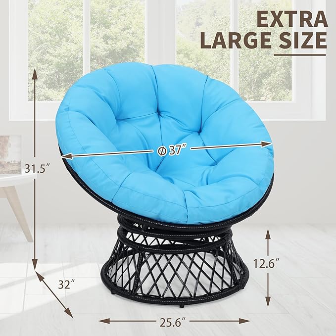 40 Papasan Chair Ergonomic Wicker 360° Swivel Indoor Outdoor Rattan Chair with Soft Thick Cushion Ideal for Living Room Bedroom Reading Room Black Frame with Blue Cushion