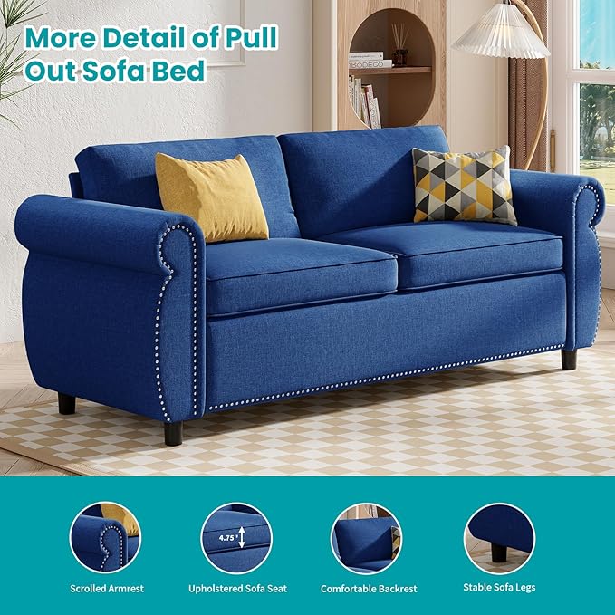 BALUS Pull Out Sofa Bed 2-in-1 Sleeper Sofas Convertible Couch Bed with Nailhead Armrests &amp Memory Foam Mattress Linen Pullout Sofa Beds with Thickened Cushions for Living Room Blue Full Size