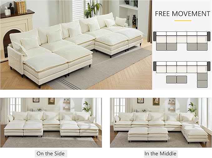 DRMBOOK 180.6'' U Shaped Modular Sectional Cloud Couch Comfy Upholstered 5 Seater Sofa Modern Deep Seat Modular Sofa Couches with Ottoman for Living Room (Chenille Cream Beige 5 Seat+4 Ottoman)