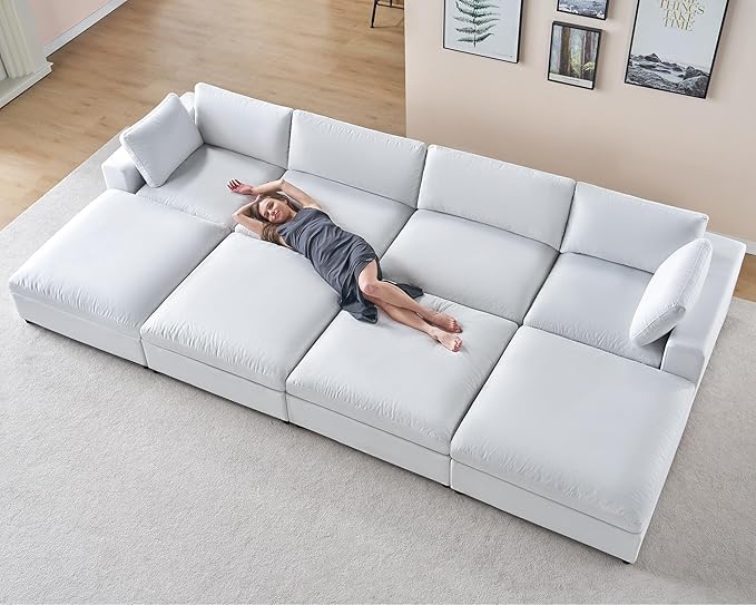 AMERLIFE 152 Inches Modular Sectional Sofa Feather Down Filled Sectional Sofa 6 Seats U Shaped Couch with Chaise Ottoman Cloud Couch for Living Room Apartment White Linen