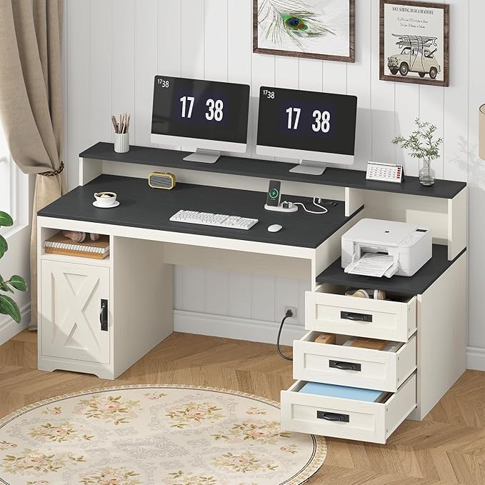 TVU Farmhouse Computer Desk with Drawers 65'' Home Office Desk with Power Outlets Storage Cabinet and Printer Stand Study Writing Desks with Long Monitor Stand Black and White