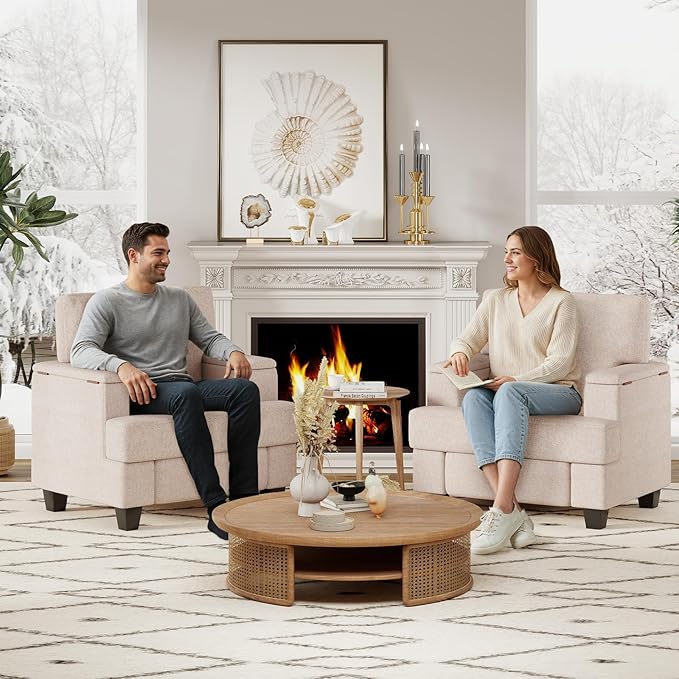 Furniliving Modern Oversized Accent Sofa Chair Comfortable Living Room Lounge Armchair with Storage Armrest Upholstered Reading Gaming Chair for Apartment Living Room Bedroom Beige