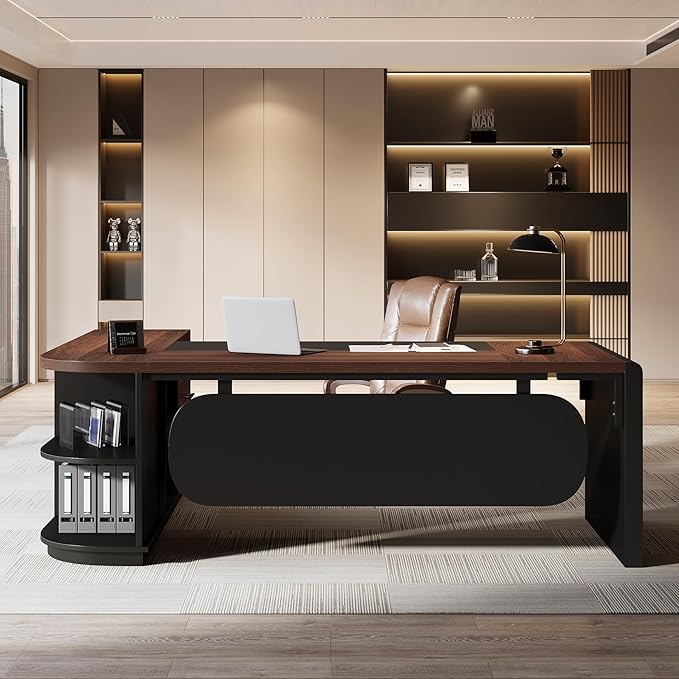 Tribesigns 81'' L-Shaped Executive Desk Large Modern Office Desk with Drawers and File Cabinet for Home or Business Workspace Computer Desk with Storage Shelves Walnut &amp Black