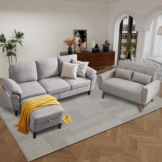 79 Convertible Sectional Sofa Set Modern Linen Small L Shaped Couch with Reversible Chaise and Loveseat Sofa 3-Seat Sofa Couches for Living Room Office Apartment Light Grey