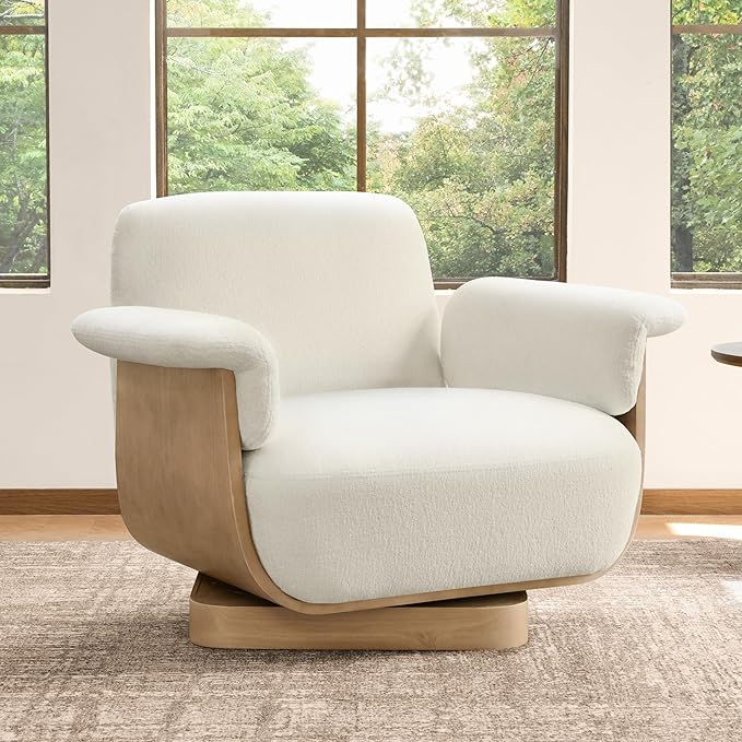 CHITA Fabric Swivel Chair with Storage Ottoman Modern Living Room Accent Chair with Lounge Seat for Bedroom Office Cream