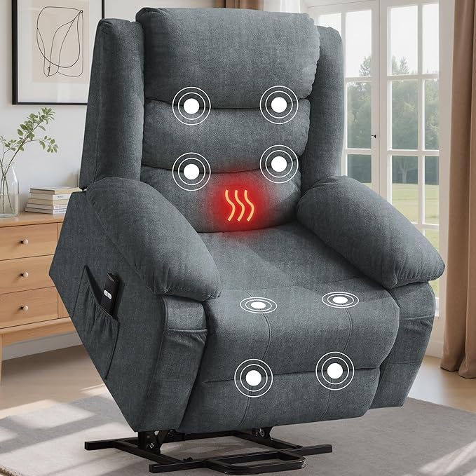 Oversized Power Lift Recliner for Elderly Electric Recliner Chairs with Massage and Heat Extra Wide Recliner with Side Pockets Reclining Chair for Living Room (Imitation Cashmere Grey)