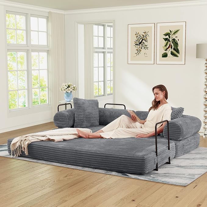 78.5W Convertible Folding Sofa Bed Corduroy Upholstered Queen Size Foam Floor Couch with Fixed-Shaped Frame Loveseat Sleeper Compression Sofa Foldable Mattress for Living Room Bedroom(Light Grey)
