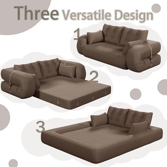 78.7 Convertible Sofa Bed 3-in-1 Folding Floor Couch with 4 Pillows Sleeper Sofa for Living Room and Guest Bed No Assembly Required (Brown Teddy Fabric)