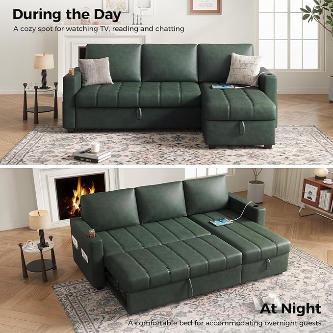 89 inch L-Shaped Sectional Sofa Sleeper with Storage Space &amp Side Pocket Anti-Scratch Faux Leather Couch Bed with USB Port &amp Cup Holder Modern Piano Design Pull Out Bed for Living Room