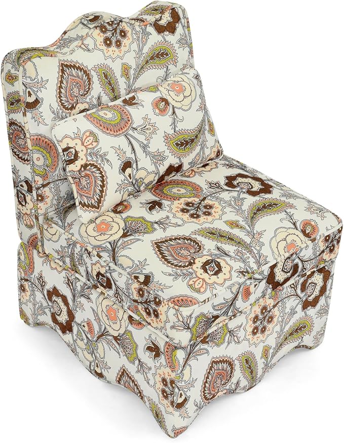 Polibi Retro Single Chair with Flower Pattern and Wave-Shape Edge Flannel Upholstered Armless Sofa Chair with Seat Cushion and Pillow for Living Room Bedroom Brown Flower