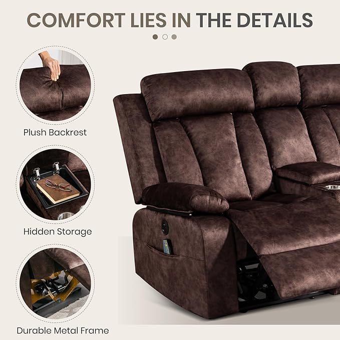 Power Reclining Loveseat with Heat &amp Massage Dual Recliner Sofa with Console Cup Holders USB &amp Type-C Ports 2 Seater Electric Reclining Couch for Living Room RV (Brown 2 Seat)