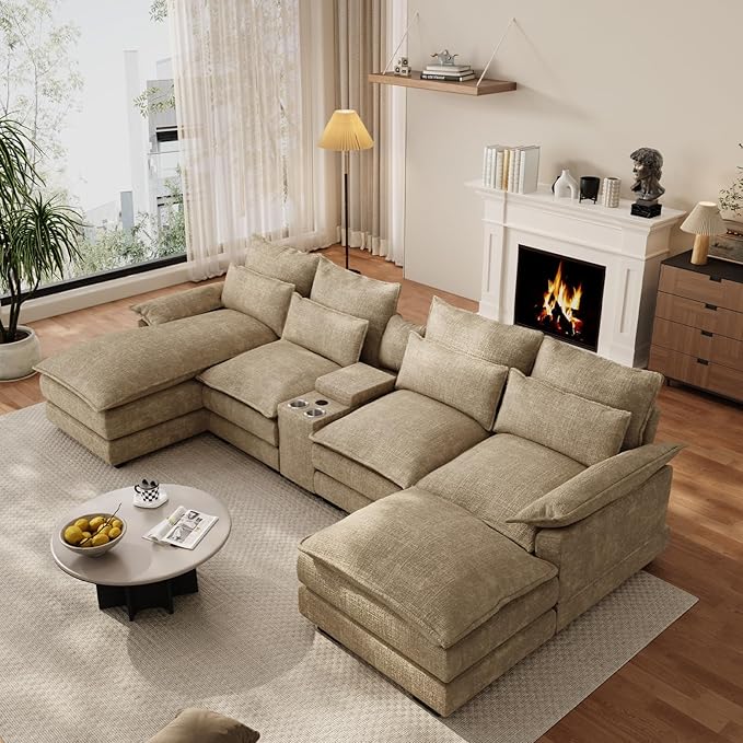 OUYESSIR 135 U Shaped Sectional Cloud CouchBrown Sectional Couches for Living RoomComfy Fluffy Chenille Oversized Cloud CouchModular Sectional Sofa with Central Console &amp Double Chaise Lounge