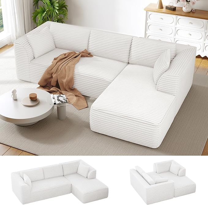 Vesgantti 106 Modular Sectional Sofa with Chaise Deep Seat Comfy Cloud Couch Corduroy L Shaped Sofa Sectional Couches for Living Room Bedroom No Assembly Required (Beige Right-Facing Chaise)