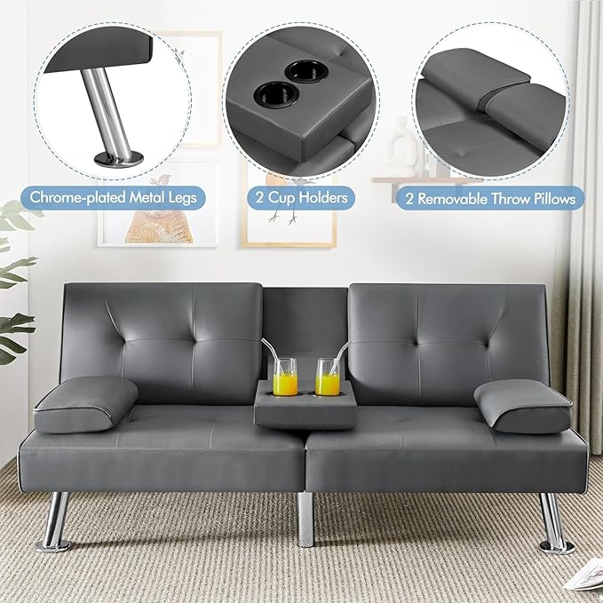 Convertible Folding Futon Sofa Bed Sleeper Couch for Living Room Modern Faux Leather Upholstered Loveseat w/Removable Armrests Metal Legs 2 CupHolders Love Seat Sofa Bed for Small Spaces (Gray)