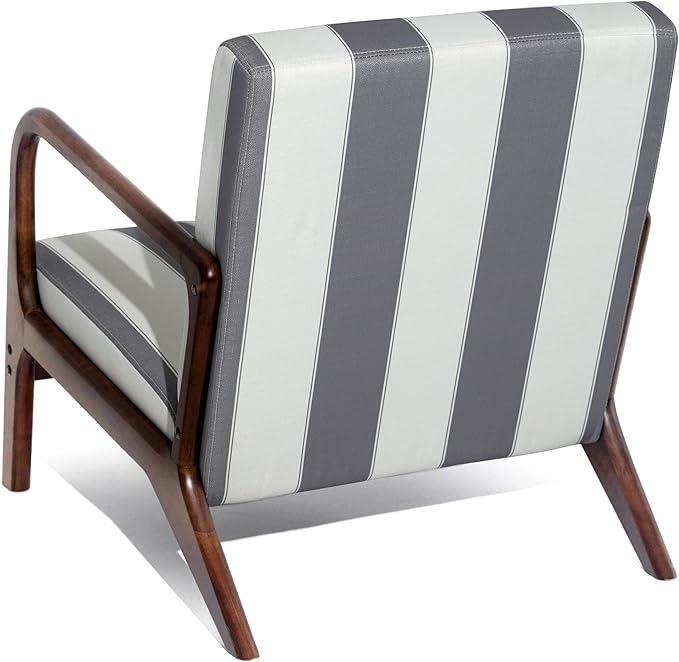 Cotton Accent Chair Mid-Century Modern Living Room Armchair with Nailhead Trim &amp Wood Legs Comfy Upholstered Single Sofa Modern Accent Chair Single Wood Frame Living Room Armchair Stripped Gray Wh