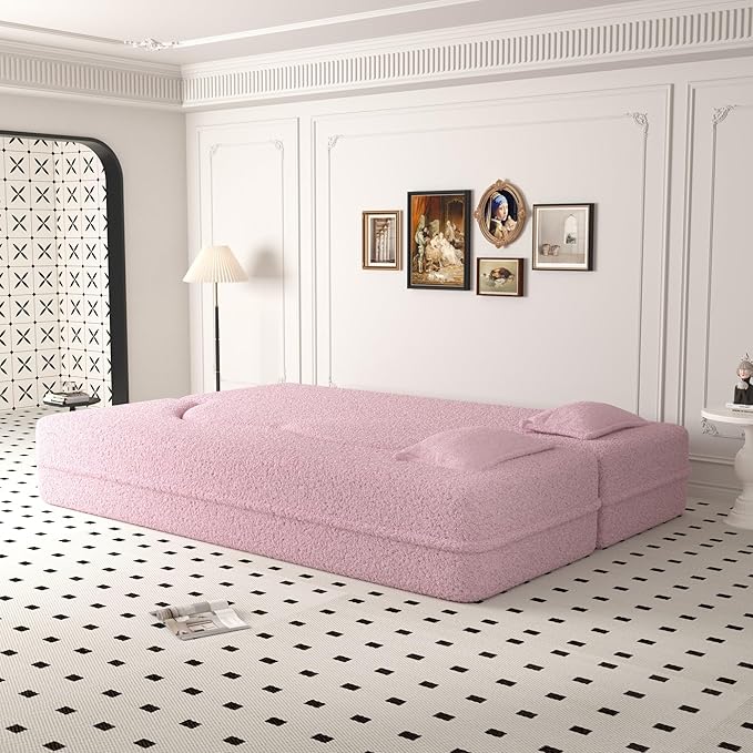 2 in 1 Folding Sofa Bed with 2 Pillows Teddy Fabric Foam-Filled Convertible Sleeper Sofa Floor Couch Full Mattress for Living Room Guestroom No Assembly Required Sofa Bed Pink