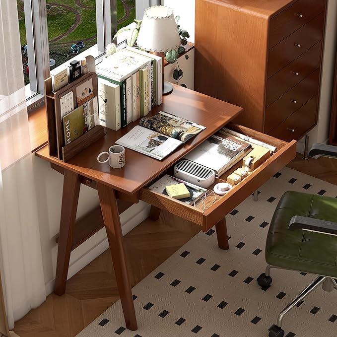 100% Solid Rubber Wood Desk Home Office Desk Mid Century Modern Writing Computer Desk with Drawer for Home Office 31