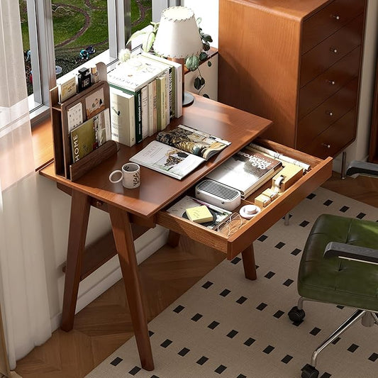 100% Solid Rubber Wood Desk Home Office Desk Mid Century Modern Writing Computer Desk with Drawer for Home Office 31