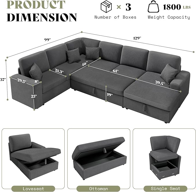 AMERLIFE 129 Inch Sectional Couches for Living RoomSectional Couch with Storage &amp OttomanModular Sectional Sofa Converts to SleeperCloud Couch Sectional for Large Space with CorduroyGrey