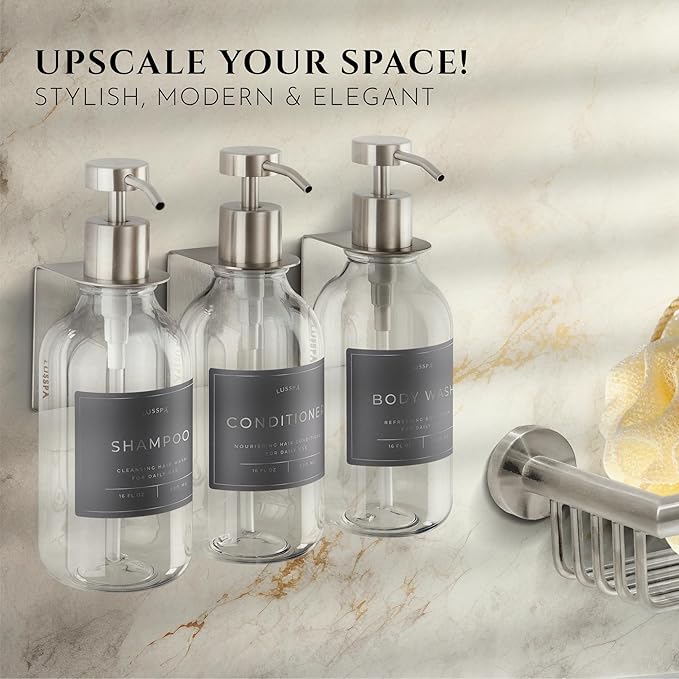 Shower Shampoo Dispenser Wall Mounted – 3 Refillable 16.9 oz Clear Bottles with Stainless Steel Pumps &amp No-Drill Adhesive Holders – Soap Dispenser Set for Bathroom (3 X Clear/Silver)