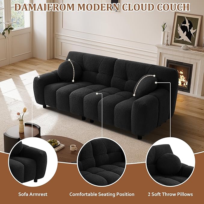 73 Boucle Cloud Sofa Couch with 2 Soft PillowsComfy Upholstered Teddy 2 Seater LoveSeat SofaModern Deep Seat Sherpa Cloud Couch Oversized Love Seat for Living Room Bedroom Apartment Black