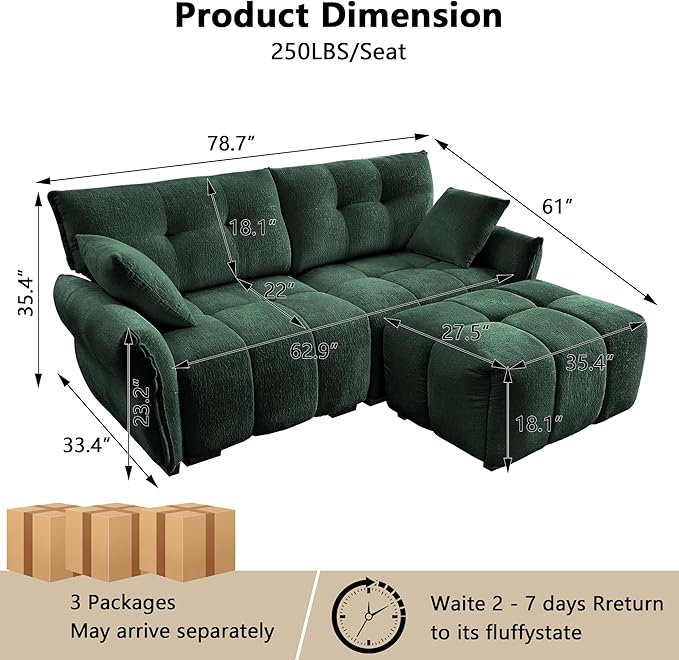Aoowow Modular Sectional Sofa with Movable Ottoman 78.7” Chenille L Shaped Sofa Couch Upholstered Comfy 2-Seater Couches with Pillows for Living Room Apartment OfficeGreen