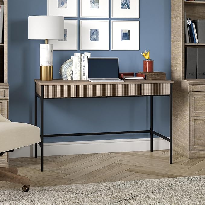 Henn&ampHart 48 Fluted Mid-Century Modern Rectangular Wooden Home Office Desk Computer Desk Writing Table with 3 Ribbed Storage Drawers for Bedroom Living Room or Home Office Weathered Gray
