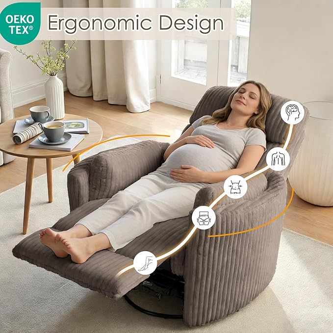 Nursery Rocking Chairs Comfy High Back 360 Swivel Rocker Recliner with 2 Pillows Glider Recliner Nursery Chair for Adults Small Spaces Nursing Bedroom Living Room Brown