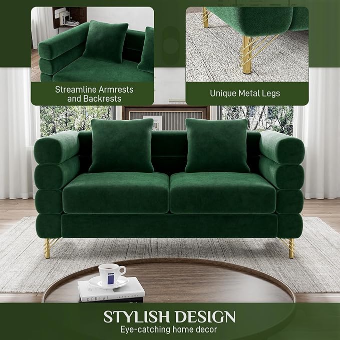 OUYESSIR Cloud Sofa Couch for Living Room 59 Comfy Deep Seat Velvet Loveseat Sofa with 2 Pillows and Gold Legs Modern Upholstered 2 Seater Love Seat for Bedroom Office Emerald Green Velvet