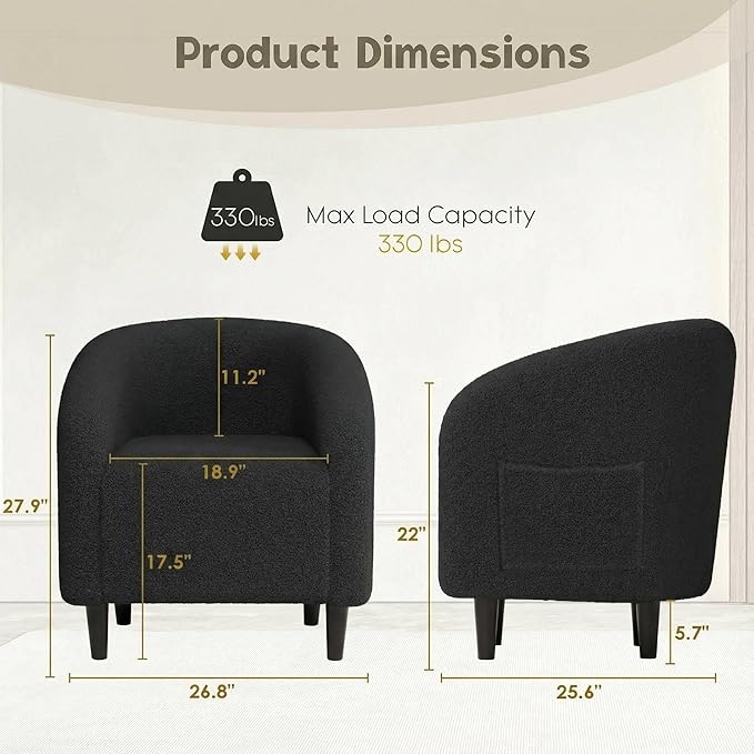 Modern Accent Barrel Chair Comfy Teddy Fabric Club Armchair with Side Pocket Easy Assembly Living Room Corner Chair for Bedroom Office Reception Space